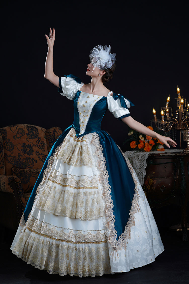 Blue/Apricot Off Shoulder Short Sleeves Ruffle Cardigan Bowknot Lace Classic Princess Palace Lolita Victorian Dress - Product - 3