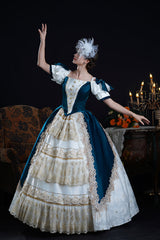 Blue/Apricot Off Shoulder Short Sleeves Ruffle Cardigan Bowknot Lace Classic Princess Palace Lolita Victorian Dress - Product - 3