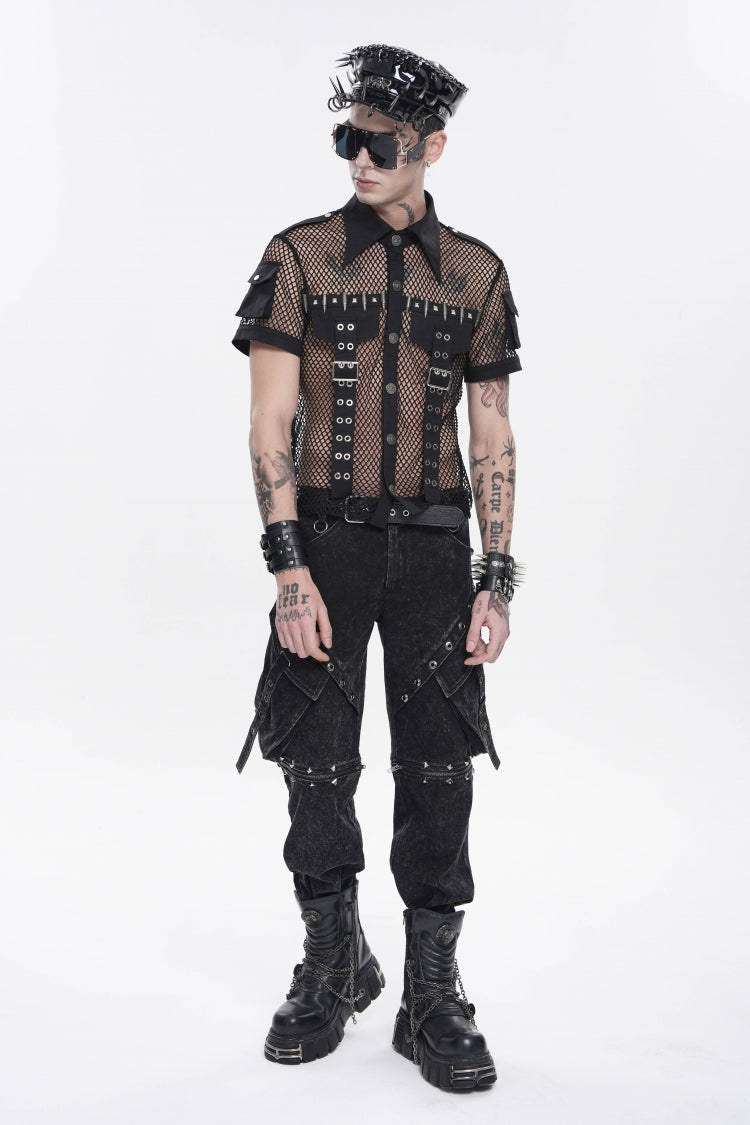 Black Lapel Collar Short Sleeves Cut-Out Spliced Sheer Mesh Studded Eyelet Men's Punk Small Pockets Cool Shirt - Product - 11
