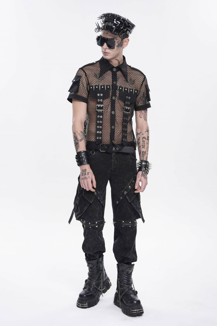 Black Lapel Collar Short Sleeves Cut-Out Spliced Sheer Mesh Studded Eyelet Men's Punk Small Pockets Cool Shirt - Product - 11