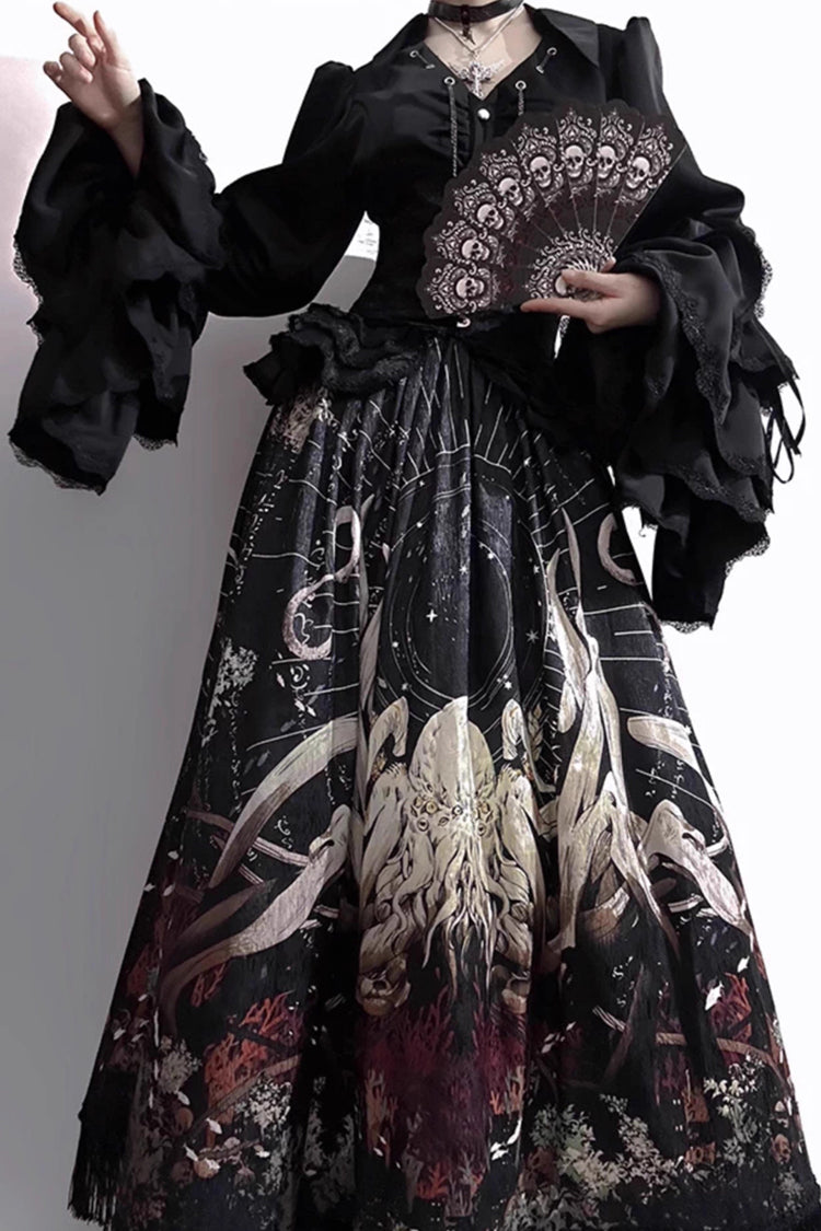Black [Reborn Ancient God] Long Hime Sleeves Print Lace Gothic Lolita Skirt Dress Set - Product - 9