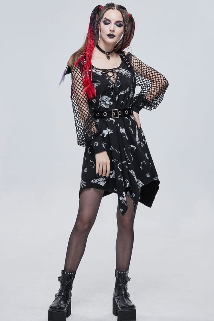 Black Gothic Knit Bone Print Sling Metal Grommet Strap Design Long Sleeve Women's Dress - Product - 8