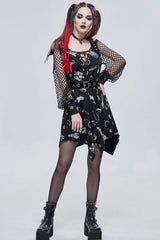 Black Gothic Knit Bone Print Sling Metal Grommet Strap Design Long Sleeve Women's Dress - Product - 8
