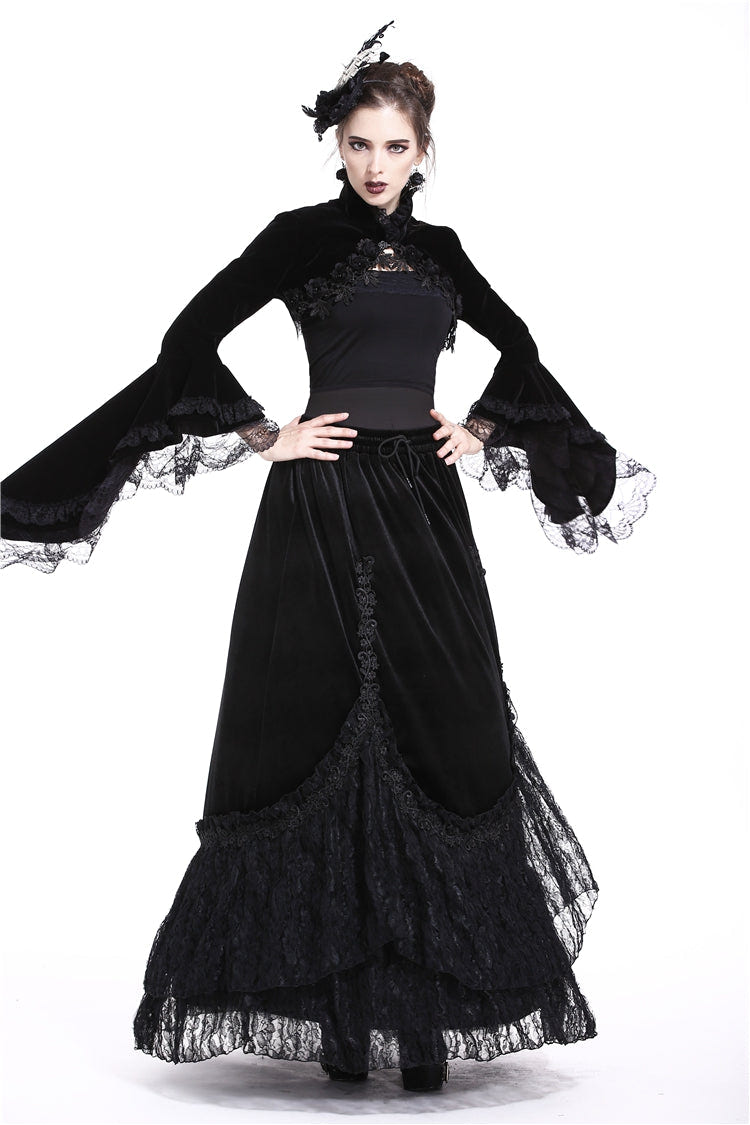 Black Lace Stand Collar Multi-Layered Long Trumpet Sleeves Rosette Velour Women's Gothic Bolero - Product - 9
