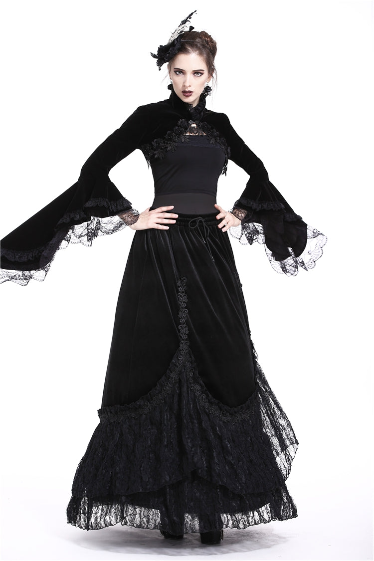 Black Lace Stand Collar Multi-Layered Long Trumpet Sleeves Rosette Velour Women's Gothic Bolero - Product - 9