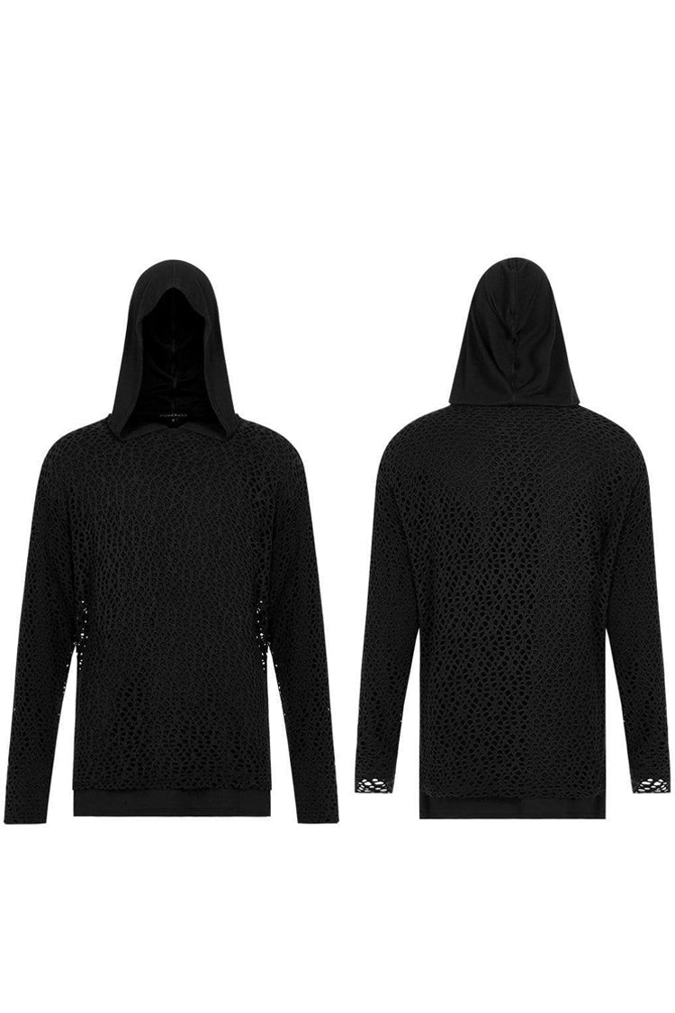 Black Knit Outer Mesh Long Sleeve Inner Hooded Simple Two Piece Men's Punk T-Shirt - Product - 5
