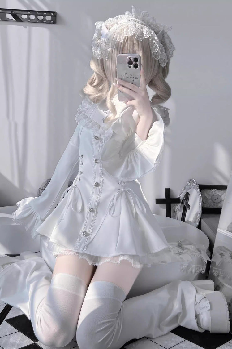 White Long Trumpet Sleeves Bowknot Lace-Up Gothic Jirai Kei Dress Shorts Set - Product - 4