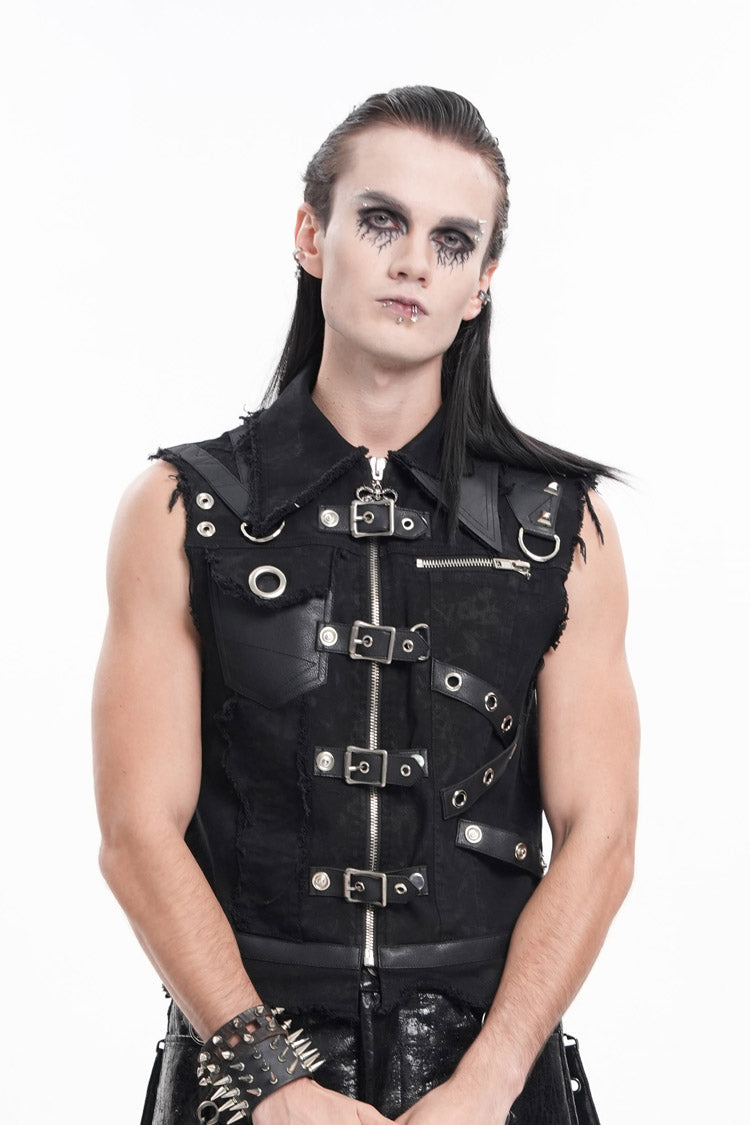 Black Lapel Collar Sleeveless Ripped Buckle Eyelets Men's Gothic Vest - Product - 10