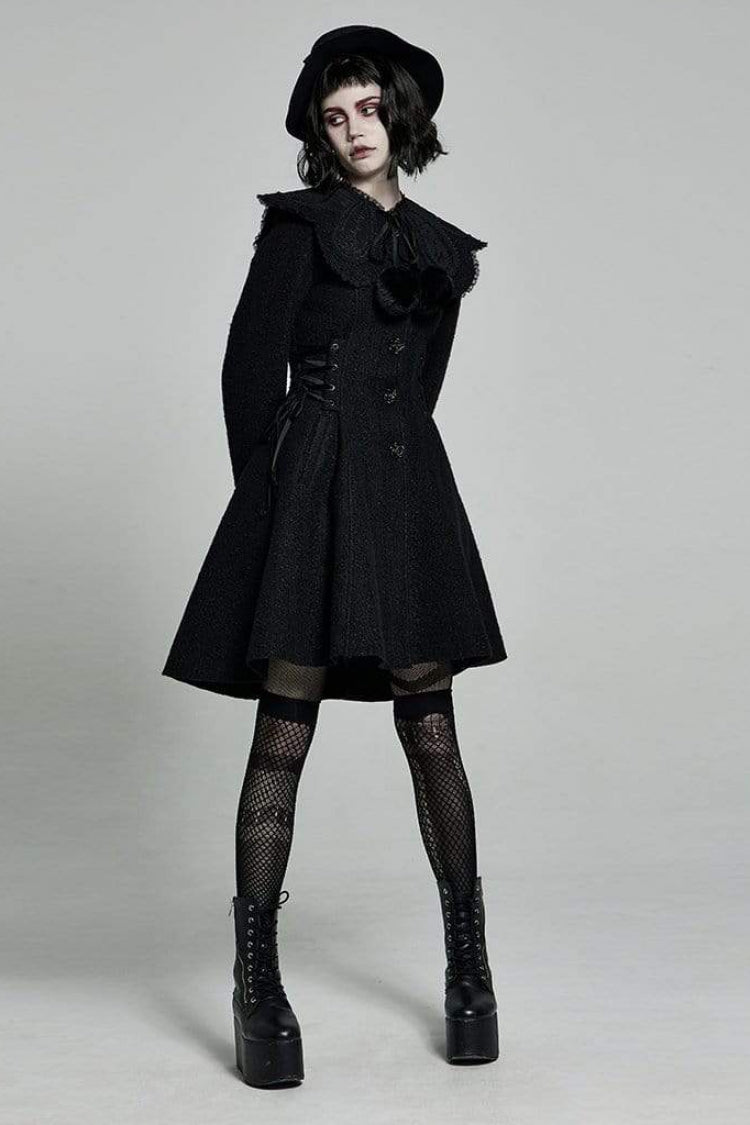 Black Fur Collar Fur Ball Decoration Long Sleeves Rose Button Womens Gothic Coat With Removable Collar - Product - 4