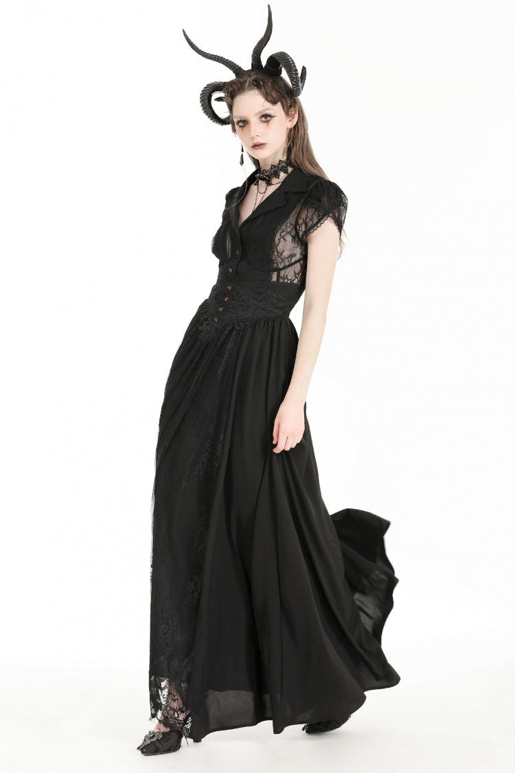 Black High Waisted Heart Embroidered Lace Women's Gothic Maxi Skirt - Product - 2