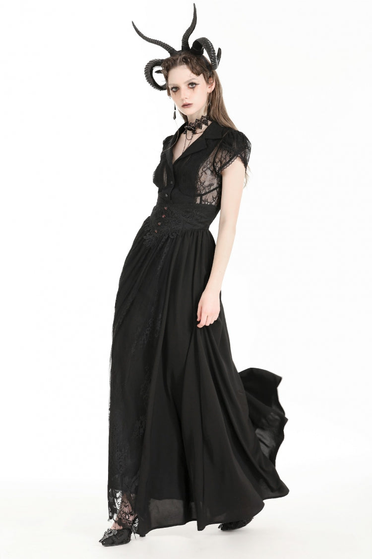 Black High Waisted Heart Embroidered Lace Women's Gothic Maxi Skirt - Product - 2