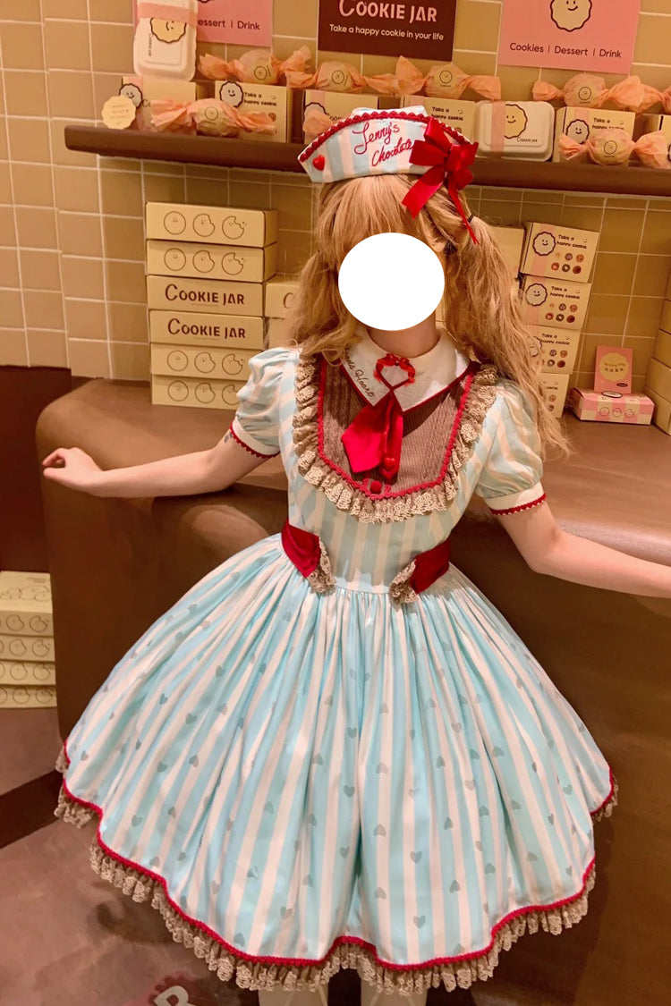 Green [Jenny's Chocolate] Short Sleeves Vertical Stripes Print Ruffle Bowknot Sweet Lolita Dress - Product - 9