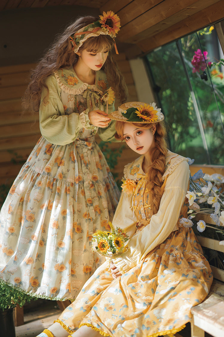 Green [Gardening Sunflower] Sleeveless Print Ruffle Bowknot Sweet Elegant Lolita Jsk Dress - Product - 12