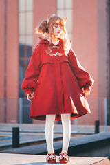Red Cat Tail Long Sleeves Ruffle Bowknot Hooded Sweet Lolita Coat - Product - 5