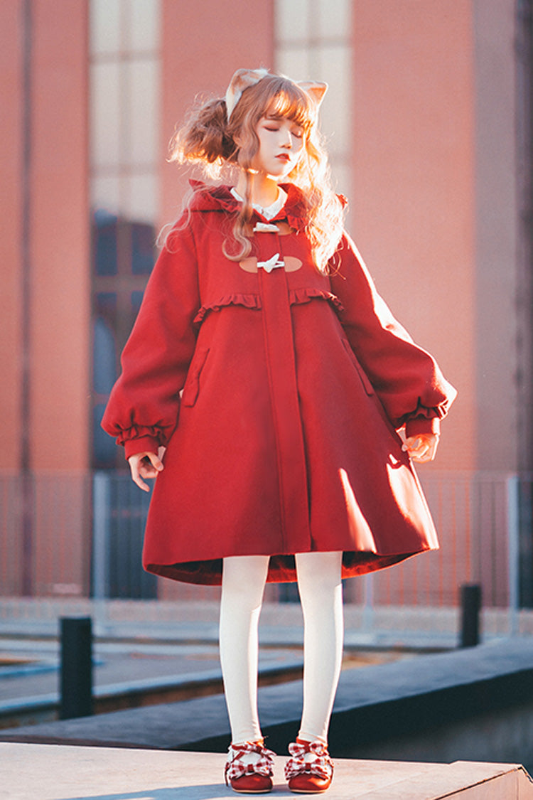 Red Cat Tail Long Sleeves Ruffle Bowknot Hooded Sweet Lolita Coat - Product - 5