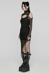Black Off Shoulder Long Sleeves Irregular Hooded Women's Punk Dress - Product - 2