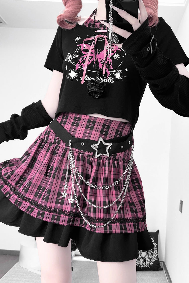 Black/Pink [Butterfly Chapter] Short Sleeves Print Gothic Jirai Kei Skirt Set - Product - 3