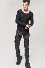 Black Punk Do Old Print Detachable Multi-Pocket Splicing Metal Rivet Decoration Men's Long Pants - Product - 9