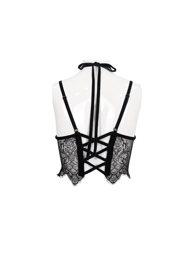 Red Velvet Chest Cutout Lace Hidden Side Zipper Sexy Women's Gothic Halter Lingerie - Product - 7