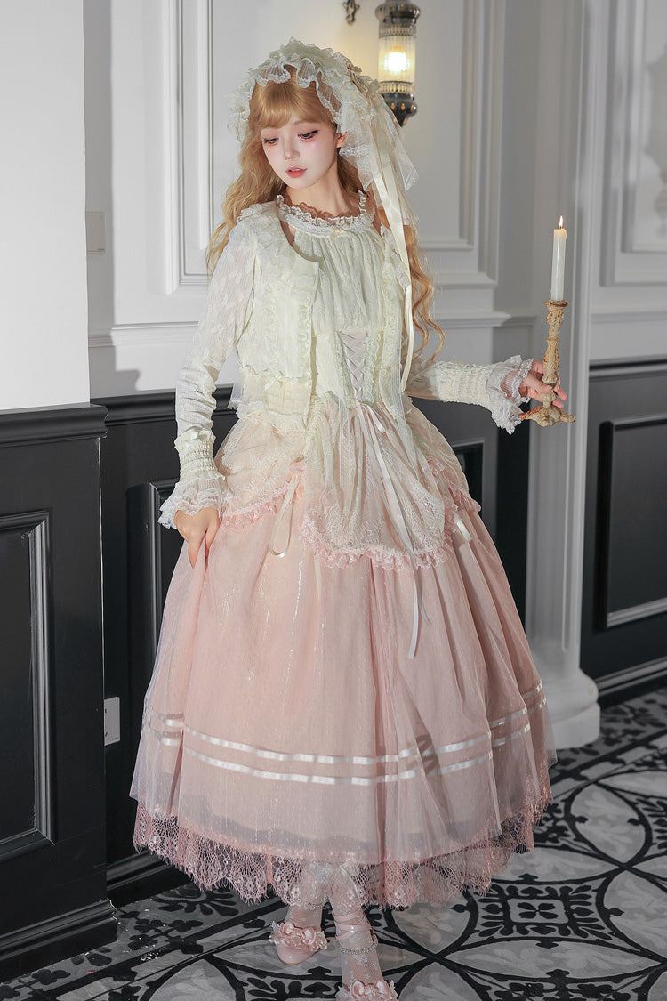 [Tulip Scent] Halterneck Sleeveless Printed Ruffled Lace Lace-Up Fishbone Sweet Lolita Jsk Dress Set (Pink/Purple 2 Colors) - Product - 18