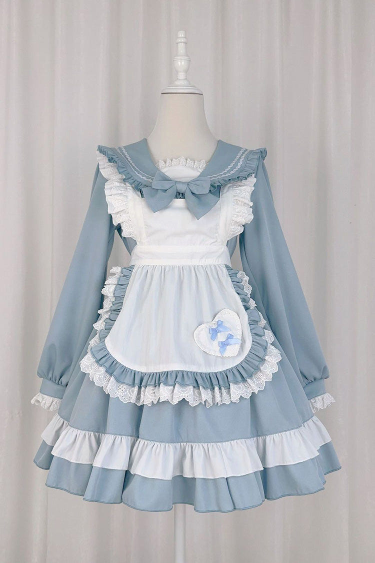Blue Maid Long Sleeves Ruffle Bowknot Sweet College Style Lolita Dress 2 Colors - Product - 3
