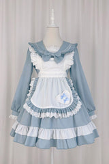 Blue Maid Long Sleeves Ruffle Bowknot Sweet College Style Lolita Dress 2 Colors - Product - 3