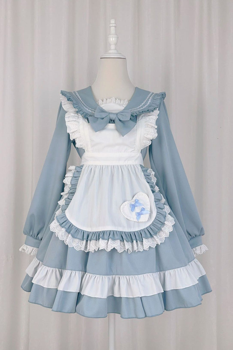 Blue Maid Long Sleeves Ruffle Bowknot Sweet College Style Lolita Dress 2 Colors - Product - 3