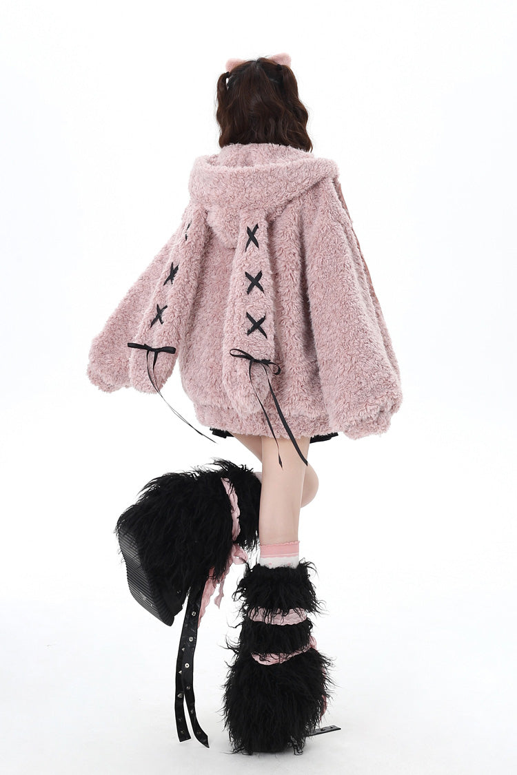 [Lace-Up Bunny Ears] Long Sleeves Hooded Plush-lined Zipper Sweet Lolita Coat 2 Colors - Product - 3