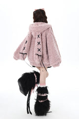 [Lace-Up Bunny Ears] Long Sleeves Hooded Plush-lined Zipper Sweet Lolita Coat 2 Colors - Product - 3