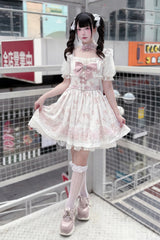 Pink [Teddy Bear Party] Square Collar Short Sleeves Printed Ruffled Bow Lace Sweet Jirai Kei Japanese Dress - Product - 5