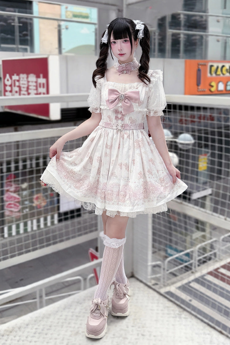 Pink [Teddy Bear Party] Square Collar Short Sleeves Printed Ruffled Bow Lace Sweet Jirai Kei Japanese Dress - Product - 5