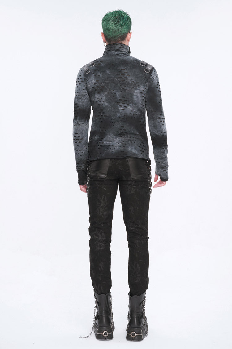 Grey/Black Lrregular Ripped Stand Collar Men's Punk Shirt - Product - 6