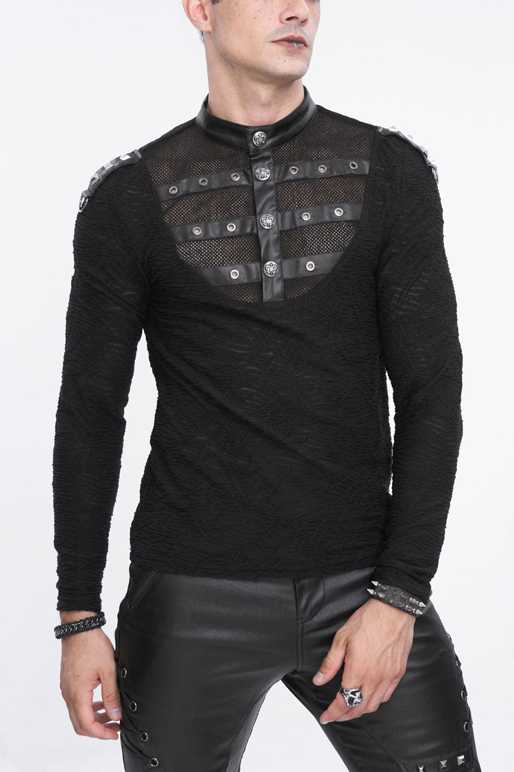 Black Stand Collar Mesh Splice Men's Punk Shirt - Black - 1