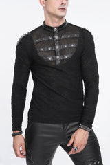 Black Stand Collar Mesh Splice Men's Punk Shirt - Black - 1
