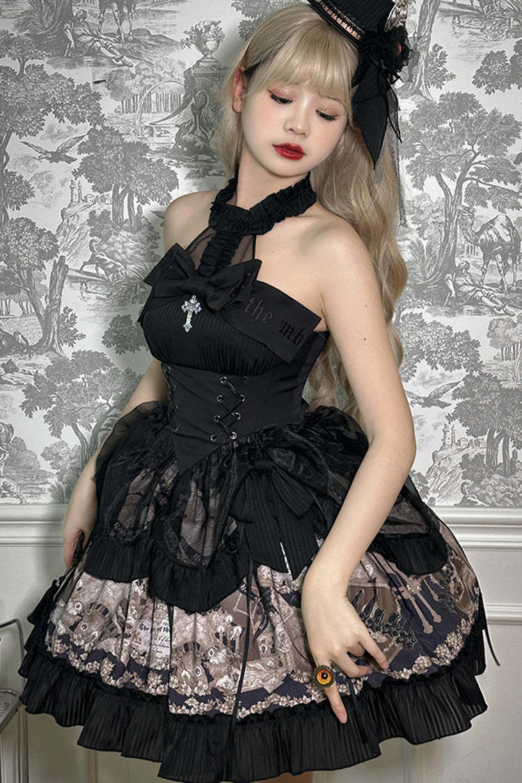 Black [The Mystery of The Doll] Halterneck Print Ruffle Bowknot Drawstring Gothic Lolita Dress - Product - 8