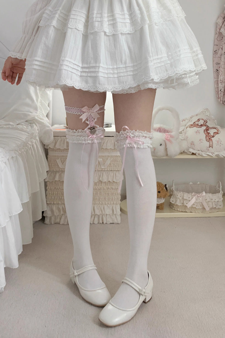 Sweet Ruffle Bowknot Lace Ballet Lolita Over-the-knee Socks 6 Colors - White/Pink - 1
