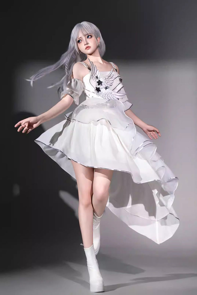 White [Silver Wings] Stand Collar Irregular Asymmetric Futuristic Style Punk Lolita Jsk Dress Set - Product - 11