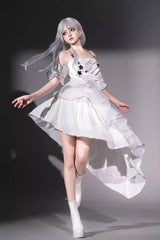 White [Silver Wings] Stand Collar Irregular Asymmetric Futuristic Style Punk Lolita Jsk Dress Set - Product - 11
