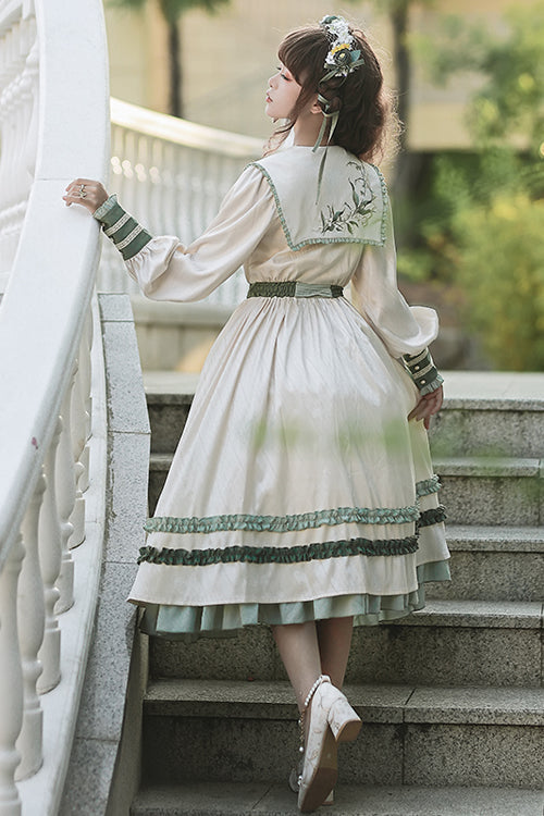 Beige Embroidered Large Lapel Collar Long Sleeves High Waisted Long Sweet Lolita OP Dress - Product - 3