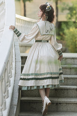 Beige Embroidered Large Lapel Collar Long Sleeves High Waisted Long Sweet Lolita OP Dress - Product - 3