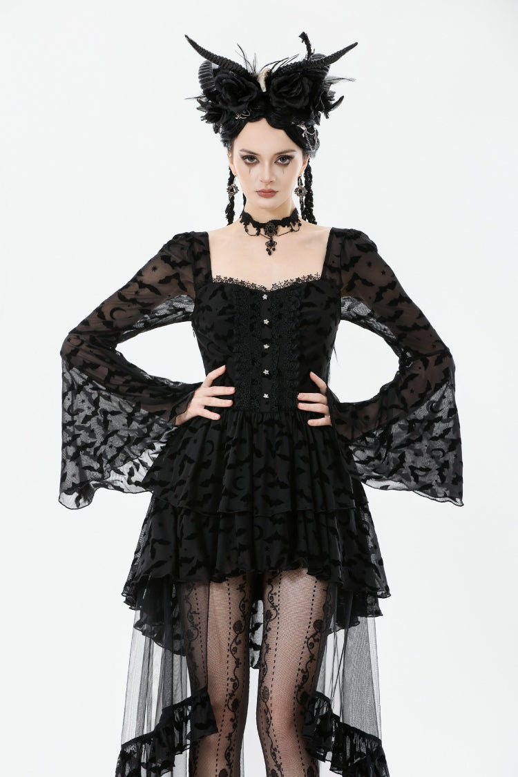 Black Square Collar Long Trumpet Sleeves Bat Printed Lace Irregular Hem Women's Gothic Dress - Product - 11