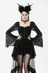 Black Square Collar Long Trumpet Sleeves Bat Printed Lace Irregular Hem Women's Gothic Dress - Product - 11