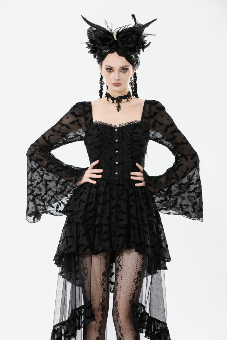 Black Square Collar Long Trumpet Sleeves Bat Printed Lace Irregular Hem Women's Gothic Dress - Product - 11