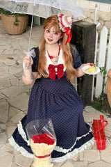 Blue V Collar Short Sleeves Polka Dot Printed Ruffled Bow Lace Classic Plus Size Preppy Style Lolita Dress - Product - 4