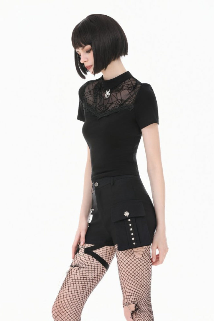 Black Short Sleeves Cut-Out Spider Cobweb Sheer Mesh Women's Gothic Top - Product - 2