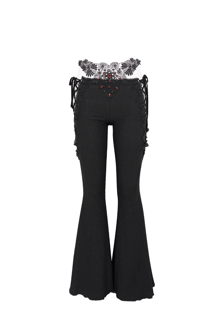 Black Low-Rise Lace Gem-Embellished Bilateral Lace-Up Cutout Flared Women's Gothic Pants - Product - 7