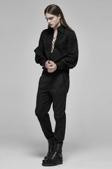 Black V Collar Long Puff Sleeves Hollow Lace-Up Mens Gothic Blouse - Product - 4