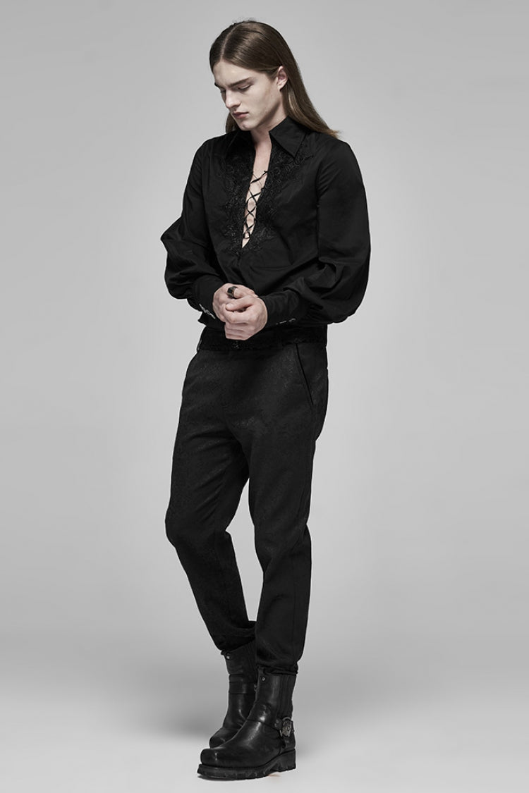 Black V Collar Long Puff Sleeves Hollow Lace-Up Mens Gothic Blouse - Product - 4