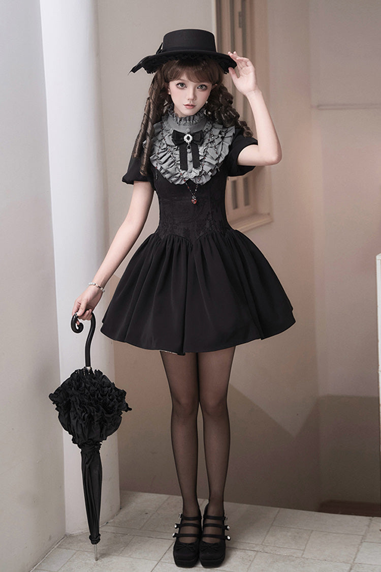 Black [Old Testament] Short Sleeves Ruffle Embroidery Bowknot Lace-Up Gothic Lolita Dress 2 Versions - Product - 12