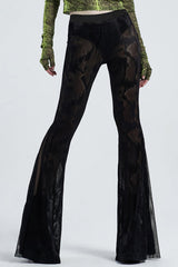 Black Python Print Mesh Women's Gothic Flared Pants - Black - 1